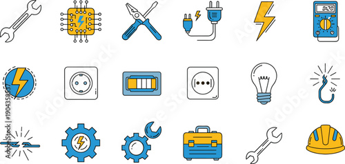 Electrical Tools And Power Engineering Icon Set Featuring Voltage Meter, Plug, Circuit, Light Bulb And Maintenance Equipment Vector Collection