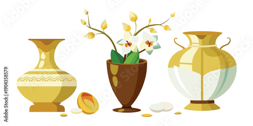 Three elegantly designed decorative vases, one holding a beautiful white orchid plant, standing together.
