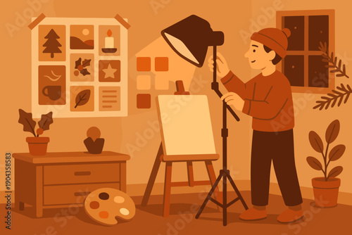 Creating art in a cozy studio during late afternoon with warm lighting and inspiring visuals on the wall