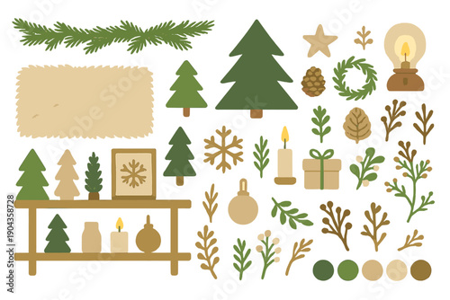 Decorative elements for holiday crafts with trees, gifts, candles, and nature in a simple layout for creative projects