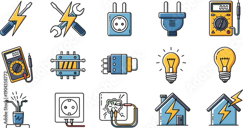 Electrical Engineering And Power Supply Icon Set Featuring Plug, Socket, Voltage Meter, Light Bulb And Home Electricity Vector Collection