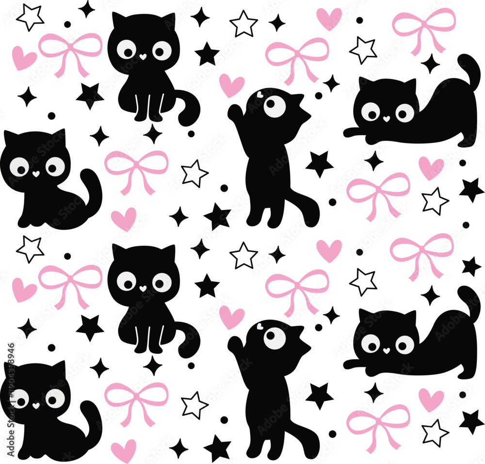Fototapeta premium Cats Bow and heart Pattern Seamless vector design