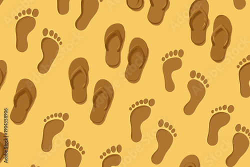 Footprints and flip flops on brown background with yellow color, showing beach theme and summer activities