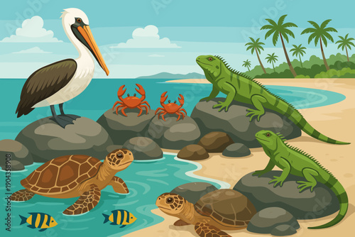 Seaside scene with pelican, turtles, crabs, iguanas, and fish near rocks on a tropical beach during daytime