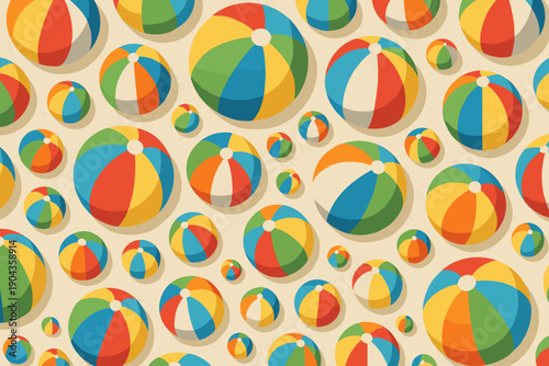 Colorful beach balls scattered across a light background in a playful pattern during sunny days at the beach