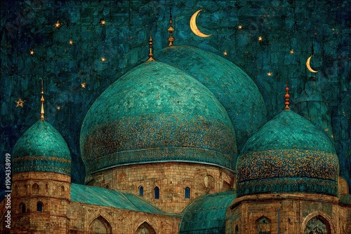 Ornate religious building domes illuminated under a starry night sky with crescent moons
