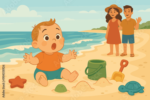 Child plays in sand with family by the beach on a sunny day while waves crash on the shore