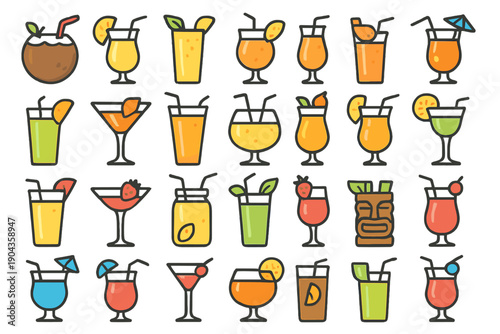Colorful drinks display with cocktails and fruit garnishes in a fun arrangement on a white background