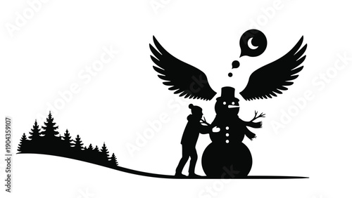 Dreamy Winter Fantasy: A whimsical illustration captures a child interacting with a snowman adorned with angel wings under a crescent moon, evoking a sense of childlike wonder and the magic of winter.