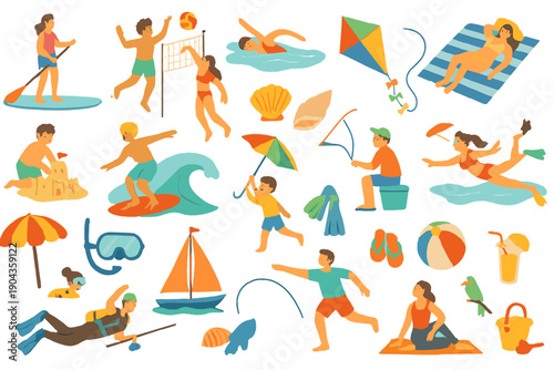 Different summer activities at the beach with people enjoying water sports, games, and relaxation on a sunny day