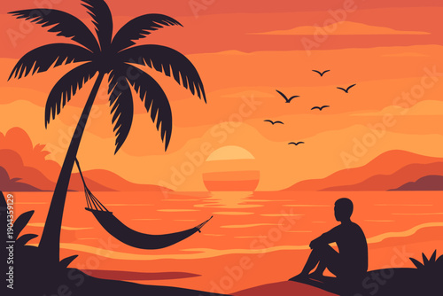 Sunset view over water with a person sitting on the shore and a hammock tied to a palm tree