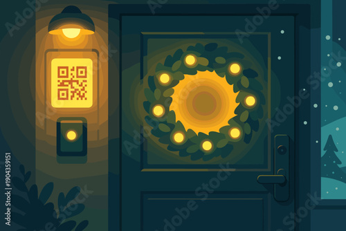 Lighted wreath on a door with a QR code and a snowy scene outside in the evening