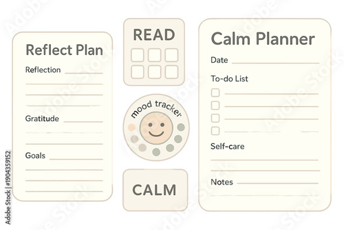 Reflect plan and mood tracker layout for daily planning activities in a simple format on a white background