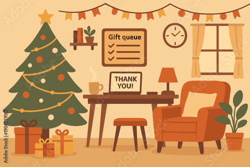 Holiday setting with Christmas tree, gifts, warm decorations, and a workspace inside a cozy room