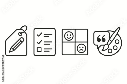 Different symbols showing tasks, tags, emotions and art tools for a project or activity at any location during daytime