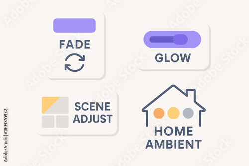 Controls for home ambient lighting settings with fade, glow, and scene adjust options displayed on a light-colored background