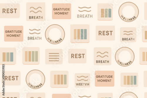 Wellness patterns with the words gratitude, breath, and rest on a light background for relaxation and mindfulness