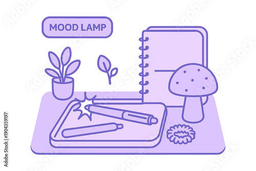 Different items on a table including a mood lamp, notebook, pens, a plant, and a mushroom decoration