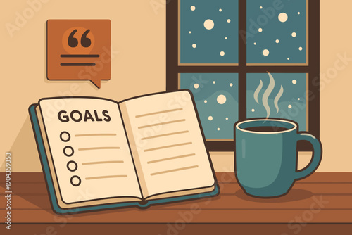Notebook with goals on a table next to a coffee cup and a window with stars at night