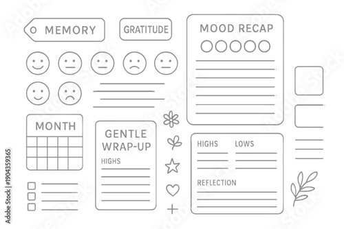 People write feelings and memories on a mood recap sheet during a monthly reflection session in a cozy space with soft lighting
