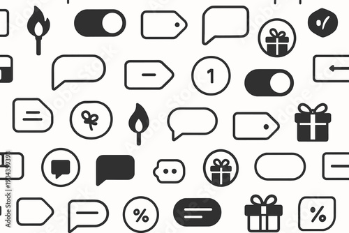 Icons and symbols in black and white arranged in a grid showing various designs for tags, messages, and gifts