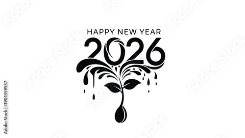 New Year 2026 Celebration: A stylish black and white illustration spells out Happy New Year 2026 with an artful, nature-inspired design. Perfect for festive greetings and promotional materials.