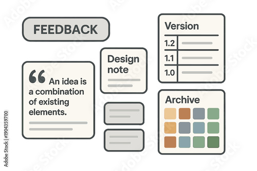 Feedback section shows design notes, version history, and color archive for reviewing ideas and project updates