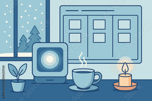 Cozy indoor space with a computer, coffee cup, candle, and plant during winter season