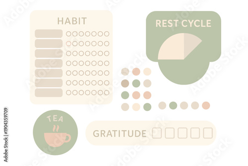 Tracking habits and gratitude with tea and rest cycle charts for daily reflection