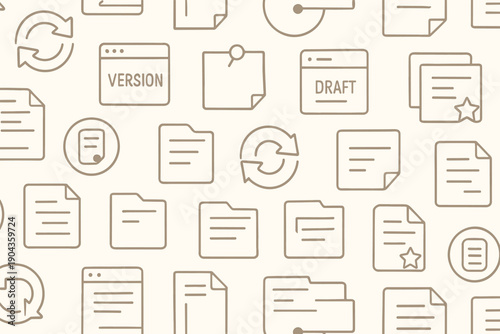 Icons of document types and file management with various labels on a light background for user interface design