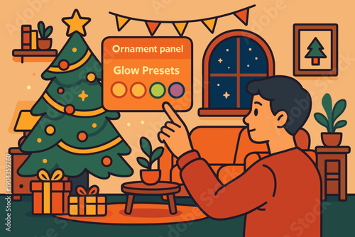 Person interacts with digital display while decorating a Christmas tree at home during the holiday season