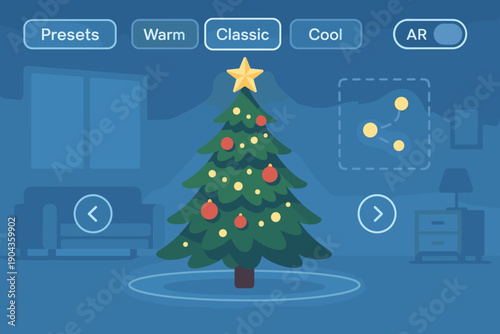 User interface for virtual Christmas tree selection with decorations and lighting options in a cozy room setting