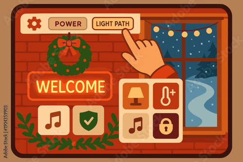 Touchscreen display shows options for lights and music near a window during winter season with snow on the ground