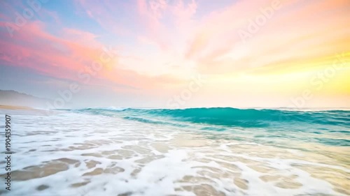 Beautiful coastal scenery with golden sand, turquoise water, and a colorful sky at sunset.