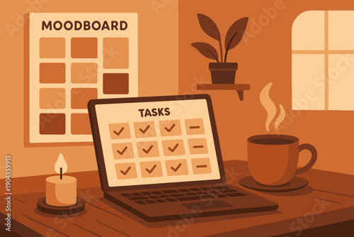 Workspace with tasks on laptop, plant, candle, and coffee in a cozy room setting during daytime