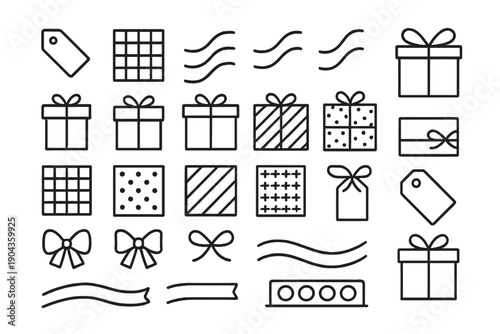 Various simple gift designs and decorative elements arranged in a grid pattern for festive occasions