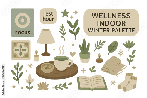 Wellness indoor winter palette with items for relaxation and focus during a restful hour at home