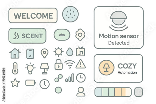 Design of smart home interface with various icons showing automation features and sensors for user interaction and control