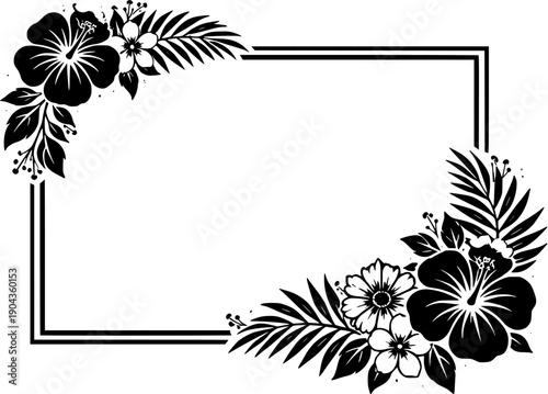 Minimal Square Floral Silhouette Frame in Black and White with Clean Line Art for Invitations, Wall Art, Logos and Modern Decorative Designs