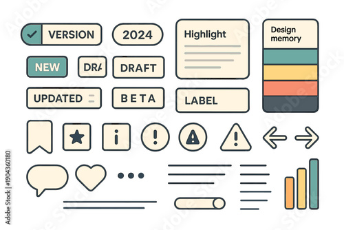 Design elements and labels for a 2024 project with draft and update details