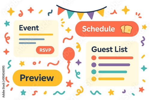 Event planning details with guest list, schedule, and RSVP information shown in colorful design and layout
