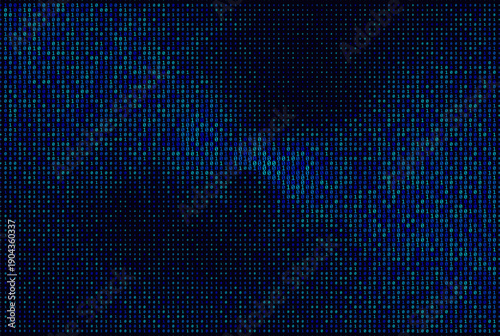 Abstract blue and teal binary code numbers forming a diagonal data flow pattern on a dark background, representing cyber world.