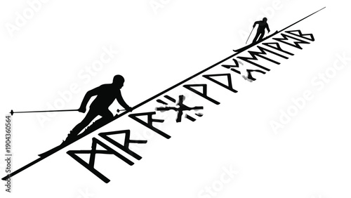  Nordic Skiing silhouette against a runic path: Silhouette of a skier glides down a runic path on snow and ice, capturing the essence of nordic skiing adventure and mystery.