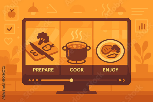 Online tutorial shows steps to prepare cook and enjoy food at home using a modern kitchen approach