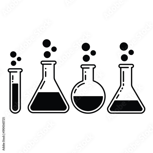 Four laboratory flasks with bubbles rising