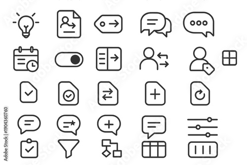 Set of simple icons showing various activities like communication, planning, and organization for use in design projects or presentations