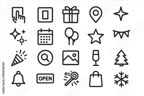 Icons that represent celebration, planning, shopping, and location in a simple design showing various symbols used for events