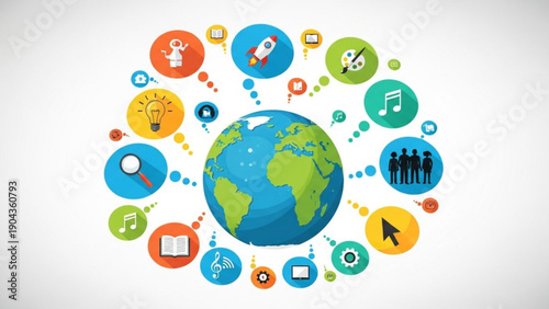Global connectivity and communication concept with earth surrounded by colorful icons representing technology social media and collaboration on a white background