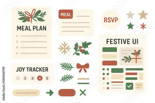 Meal plan and festive UI elements for holiday celebration crafting and organizing activities
