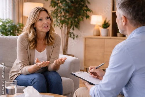 Wallpaper Mural Adult woman explaining personal concerns while therapist taking notes during mental health meeting. Torontodigital.ca